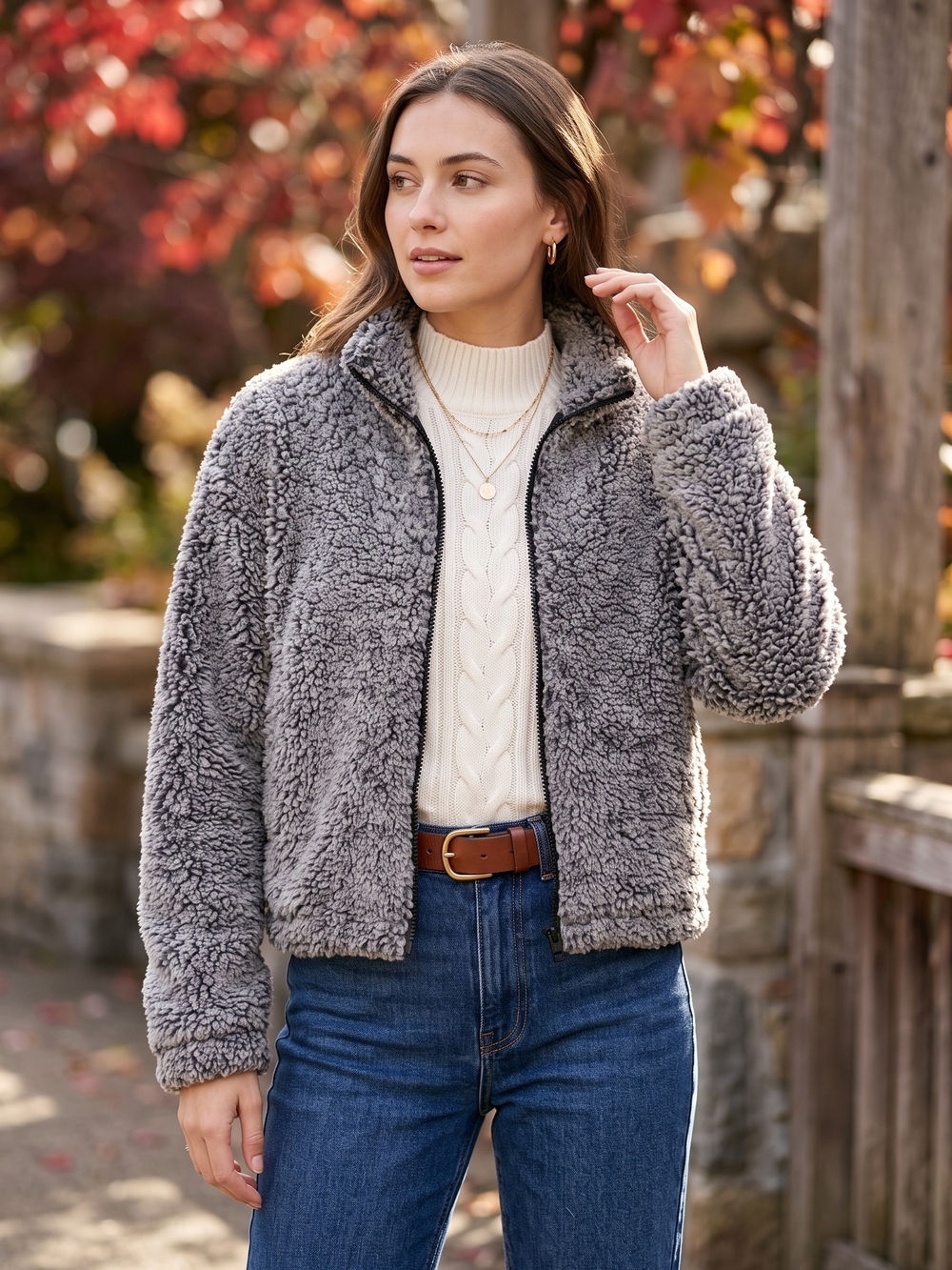 Garage Grey Sherpa Teddy Fleece Zip Jacket Gorpcore Granola Girl Cozy